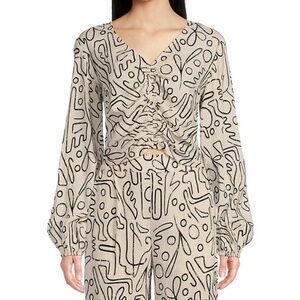 Every | Abstract Linen Blend Long Sleeve Crop Top